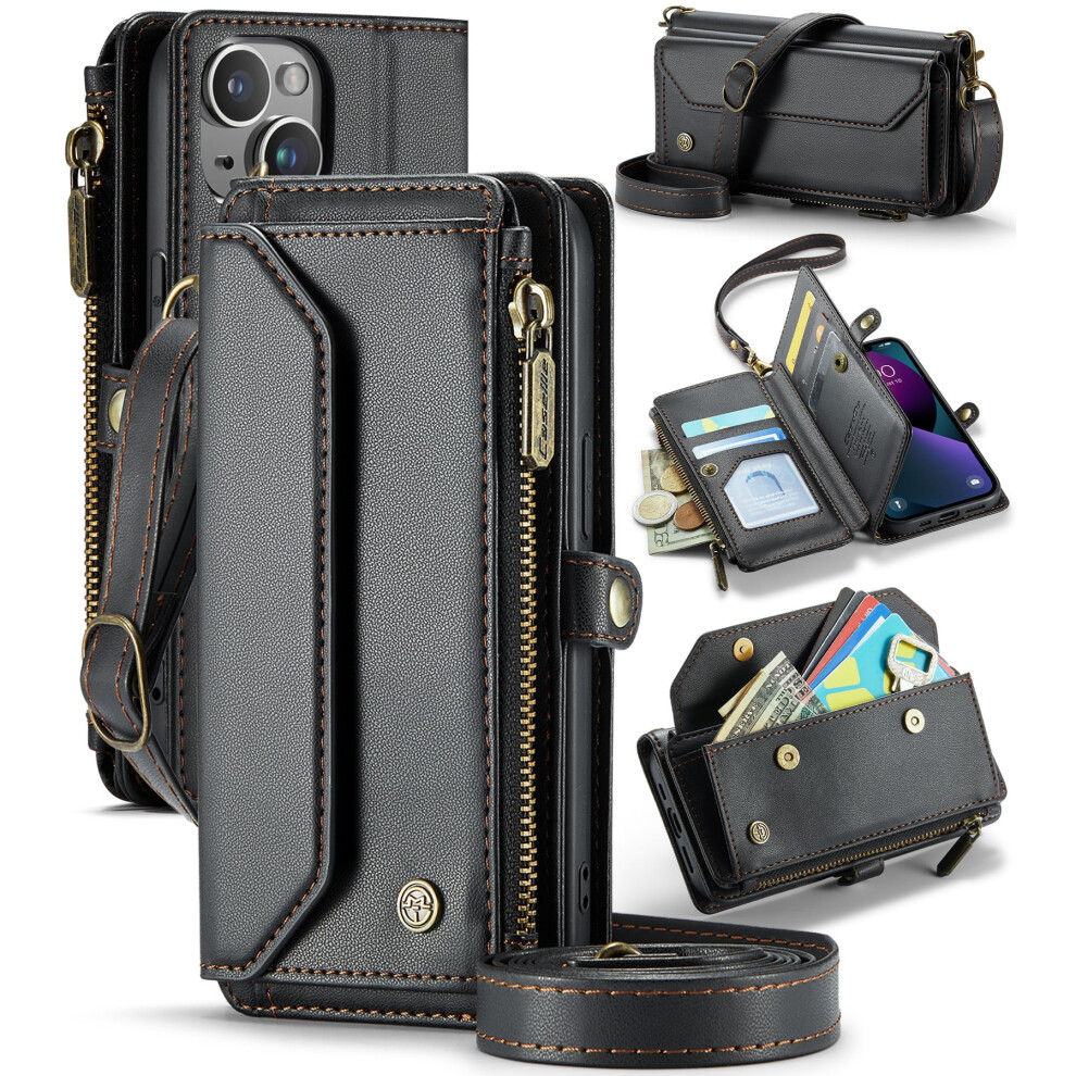Caseme Leather Wallet Case For Iphone 13 6.1-InchâRfid Blocking, 7-Card Holder, Zipper Bills Slot, Magnetic Wrist Strap, Black 9482726170815