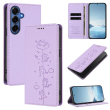 Lila Leder-Klapphülle für Samsung Galaxy A16 4G/5G – RFID-Schutz, Katzenprägung, Magnetverschluss, Kartenhalter