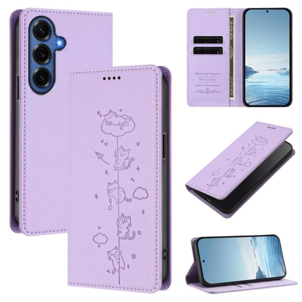 Leather Flip Wallet Case For Samsung Galaxy A16 4G/5G Â Rfid Blocking, Cat Embossed, Magnetic Closure, Card Holder Purple 9482726172499