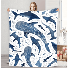 A Soft And Cozy Fleece Blanket Featuring a Marine Blue Whale Shark Theme, Perfect for Home Use.