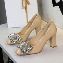 Women's Leather Rhinestone Bow Block Heel Pumps