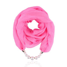 Lenço de chiffon crepe macio de cor sólida com colar de pingente de pérola, lenço de pescoço estilo babador rosa claro