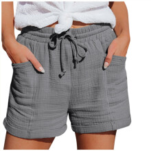 Shorts femininos leves, casuais, com cordão, confortáveis, cintura elástica, em algodão e linho, para o verão, com bolsos, cinza, tamanho M.
