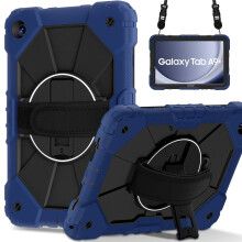 Robuuste schokbestendige hoes voor Samsung Galaxy Tab A9+ – Valbestendige siliconen + PC, 360 draaibare handgreep en schouderriem, donkerblauw