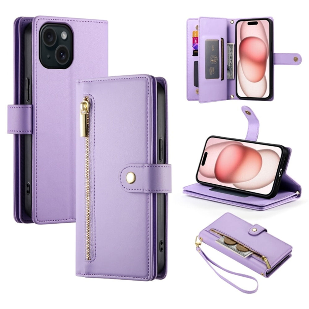 Leather Wallet Case For Iphone 15 (6.1"), Multi-Card Slots, Zipper Pocket, Lanyard Strap, Wristlet Â Compatible With Iphone 15 Purple 9327961777118
