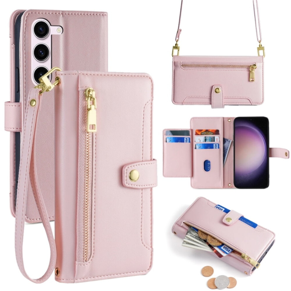 Leather Wallet Case For Samsung Galaxy S24+ 5G (6.7") Â 6-Card Holder, Zipper Bills Slot, Soft Sheepskin Strap, Pink 9193271134275