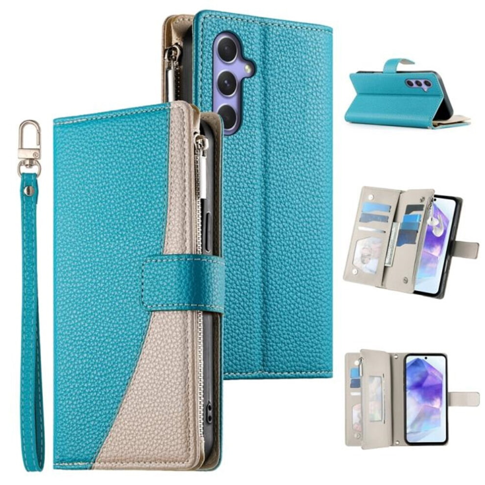 Pu Leather Flip Wallet Case For Samsung Galaxy A55 5G (6.6") Â Splicing Design, Multi-Card Slots, Zipper Pocket, Strong Magnetic Closure & Blue 9327961778702