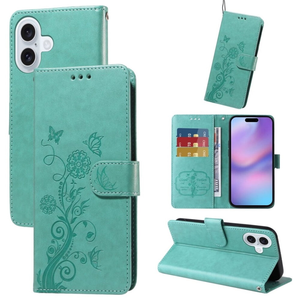 Iphone 17 Compatible Embossed Butterfly Flower Leather Flip Case With Card Slots, Cash Compartment & Shockproof Kickstand Â Green 9327961778375