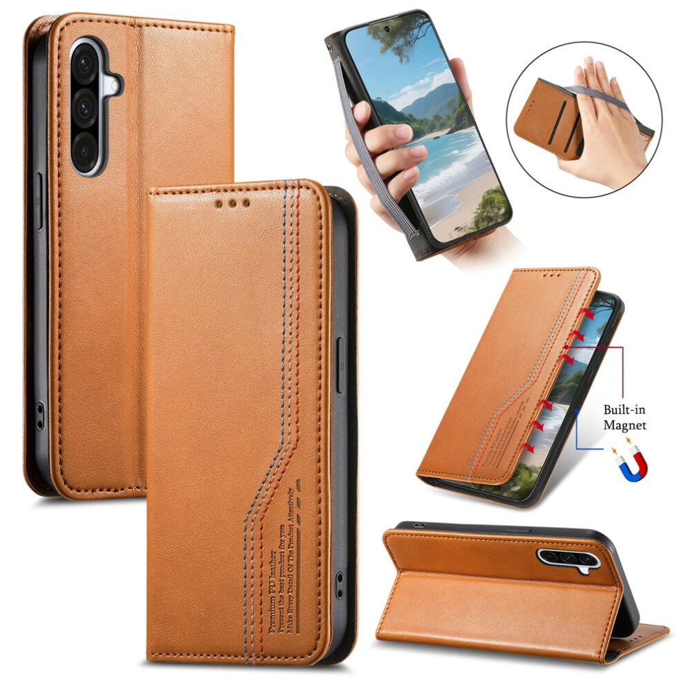 For Compatible With Samsung Galaxy A26 5G 6.7-Inch Case,Elastic Wristband Magnetic Suction Closure Flip Stand Wallet Leather Phone Case, Brown 9327961775138
