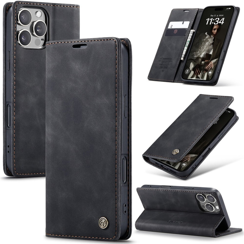 Caseme Leather Flip Wallet Case For Compatible With Iphone 16 Pro – Magnetic Closure, Card Holder, Shockproof, Kickstand, Black 9353595689633