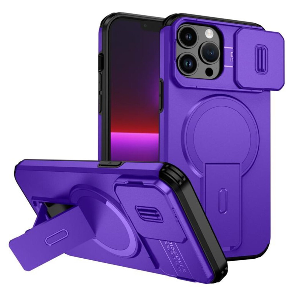 Rugged Case For Iphone 13 Pro Max 6.7" Â Magsafe, Invisible Fold Stand, Sliding Camera, Shockproof Purple 9353595689862