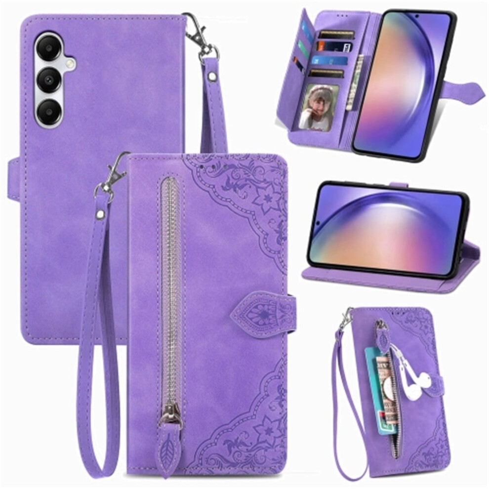 Compatible With Samsung Galaxy A55 5G 6.6" Pu Leather Magnetic Flip Wallet Case With Lanyard, Wristlet & Zipper Card Holder 9353595691346