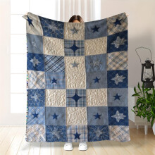 Soft Blue & White Stars & Stripes Flannel Throw Blanket | Navy/Beige Patchwork | Polyester | Bedroom/Sofa/Car | All-Season