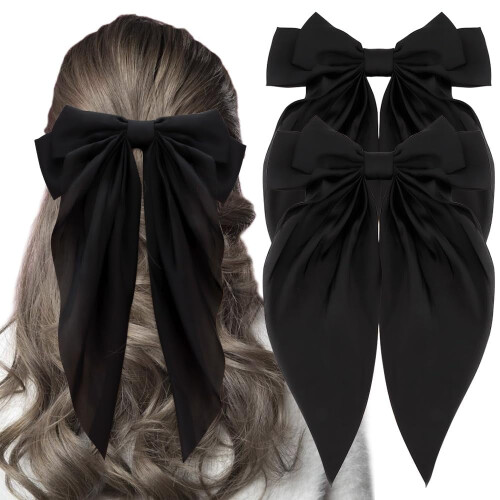 Hair Bow Set White Black Satin Large 2 Pcs