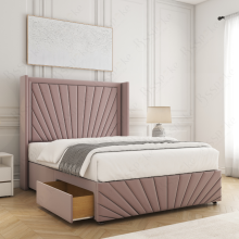(Pink, 5ft King (with Mattress))) Nola 54” Winged Divan Double Bed Base Plush Velvet Built-in 2 Drawers