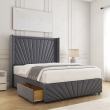 (Steel, 5ft King (with Mattress))) Nola 54” Winged Divan Double Bed Base Plush Velvet Built-in 2 Drawers