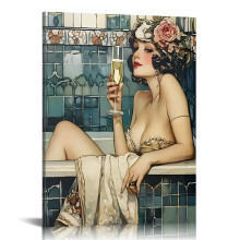 Ingelijst canvas in art deco-stijl: Dame met champagne in bad uit de jaren 1920 – Vintage wanddecoratie voor badkamer, woonkamer en bar.