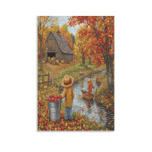 Herbsternte-Leinwanddruck 8x12 Zoll – Herbsthütte, Wald, See, Vogelscheuche – Wanddekoration (ungerahmt)