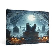 Cuadro decorativo vintage de Halloween en lienzo: gato negro, calabaza y cementerio – Póster gótico espeluznante para sala de estar, dormitorio o