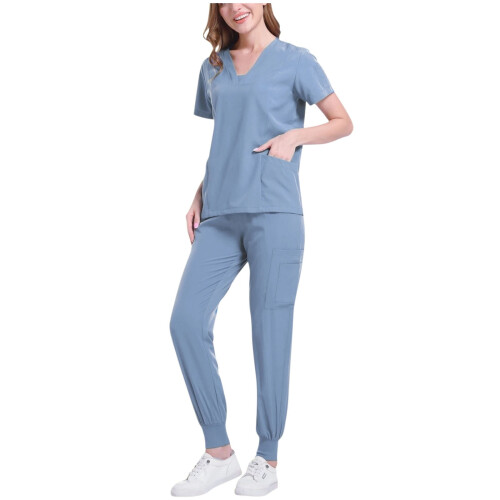 Women's Solid Blue Scrubs Set V-Neck Top and Ankle-Cuff