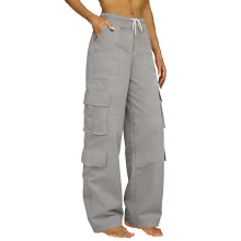 Rekbare cargobroek voor dames, elastische taille, hoge taille, wijde pijpen, 6 zakken, trekkoord, geschikt voor wandelen, reizen, kamperen en werk