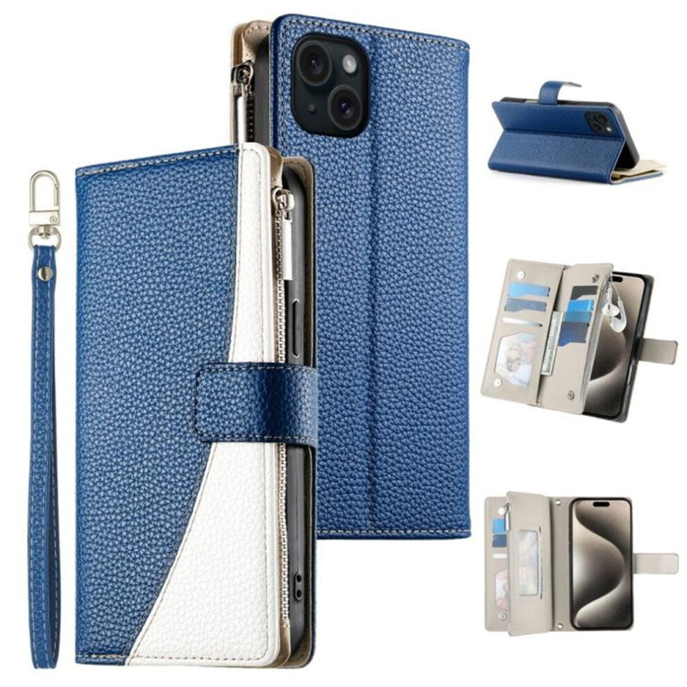 Dark Pu Leather Flip Wallet For Iphone 15 6.1" Â Splicing Design, Multi Card Slots, Strong Magnetic Closure, Hanging Rope, Compatible With Blue 9482726175513