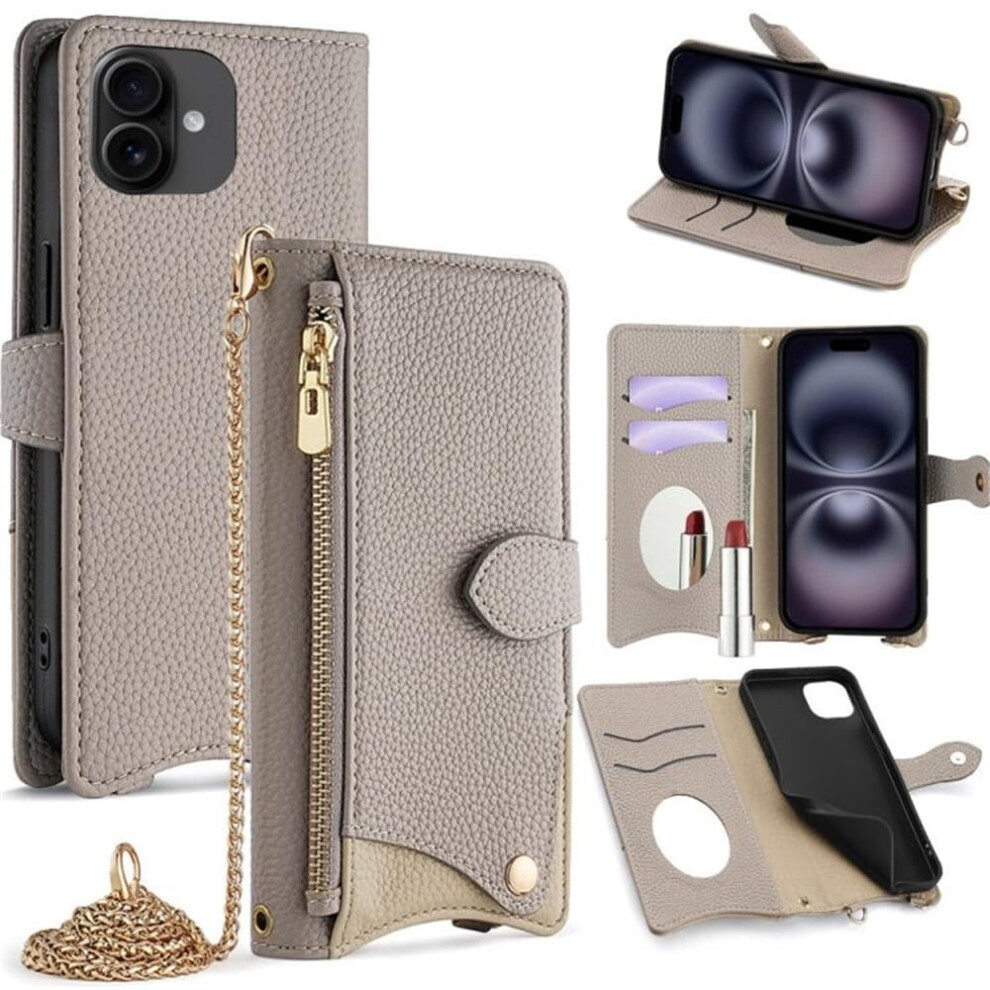 Pu Leather Magnetic Flip Wallet Case For Iphone 14ÂMulti-Card Slots, Zipper Pocket, Hidden Mirror & Detachable Strap, Grey 9482726175568