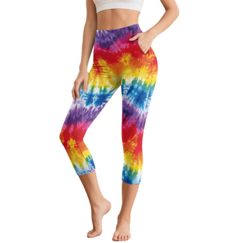 Παντελόνι γιόγκα με τυπωμένο Tie Dye για γυναίκες, ψηλόμεσο κολάν κάπρι, αθλητικό