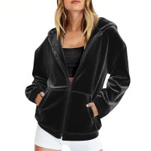 Damen-Samt-Kapuzenpullover mit Reißverschluss, einfarbig, durchgehender Reißverschluss, Kapuzenpullover mit Taschen, lange Ärmel, S-XXL, geeignet