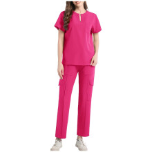Women's Scrubs Set Hot Pink V-Neck Blouse and Drawstring