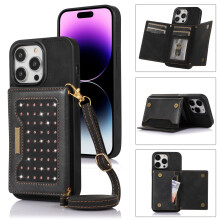 RFID-blokkerende crossbody portemonneehoes voor iPhone 12/12 Pro – PU-leer met riempje, draagkoord en glinsterende klep, zwart