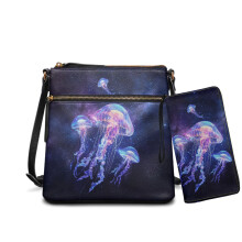 Dámska kožená taška s potlačou galaxie a medúzy, sada crossbody brašne a peňaženky, viacvrecková kabelka cez rameno s nastaviteľným