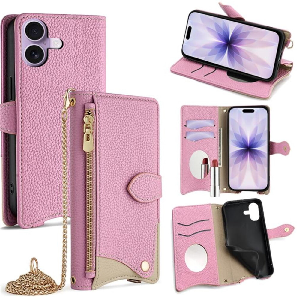 Pu Leather Magnetic Flip Wallet Case For Iphone 17ÂMulti-Card Slots, Zipper Pocket, Hidden Mirror & Detachable Strap, Pink 9482726179023