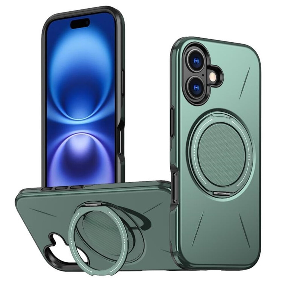 Ultra Slim Hybrid Tpu+Pc Case For Iphone 16: Magsafe Compatible, Metal Rotating Holder, Military Shockproof, Green 9482726177814