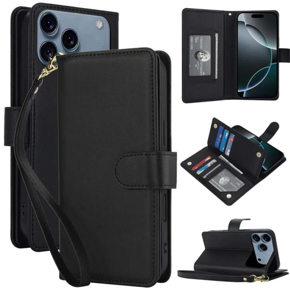 Leather Magnetic Flip Wallet Case For Iphone 17 Pro 6.3" Â Rfid Blocking, Kickstand, Anti-Drop Tpu, Detachable Wrist Strap, Black 9482726175995