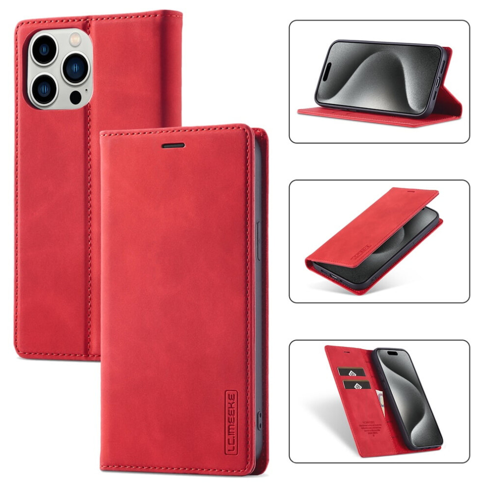 Lc.imeeke Leather Flip Wallet Case For Compatible With Iphone 15 Pro Â Magnetic, Shockproof, Kickstand, Card Holder, Red 9482726177272