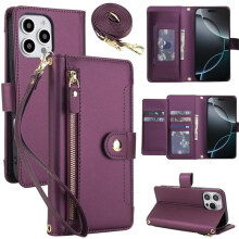 RFID Blocking Wallet Case for iPhone 15 Pro 6.1", Shockproof, Multi-Card Slots, Zipper Pocket, Detachable Shoulder/Wrist Strap, Dark Purple