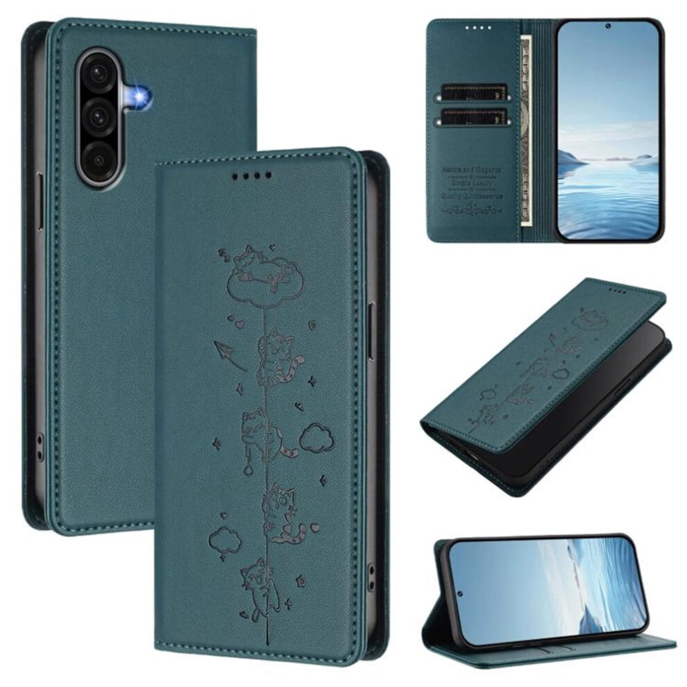 Leather Flip Wallet Case For Samsung Galaxy A36 5G Â Rfid Blocking, Cat-Embossed, Magnetic Closure, Card Holder, Dark Green 9482726178330