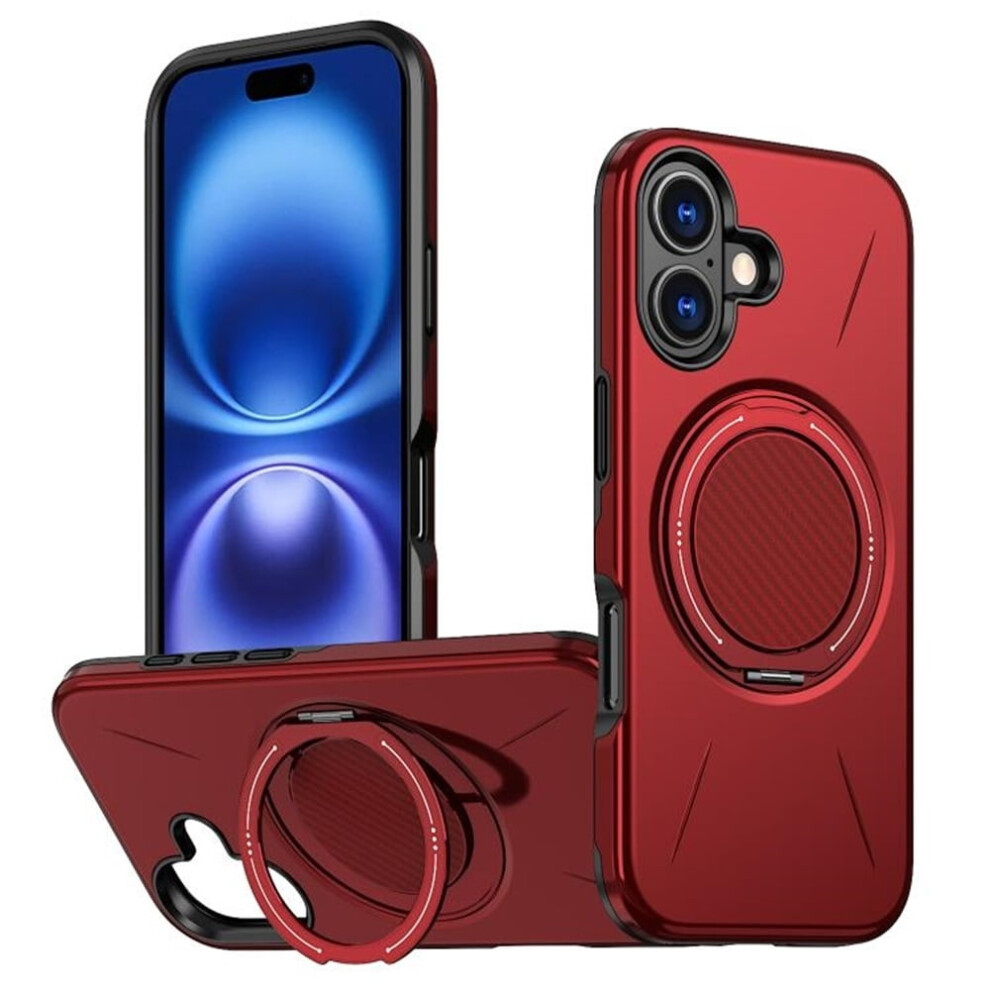 Ultra Slim Hybrid Tpu+Pc Case For Iphone 16: Magsafe Compatible, Metal Rotating Holder, Military Shockproof, Red 9482726179894