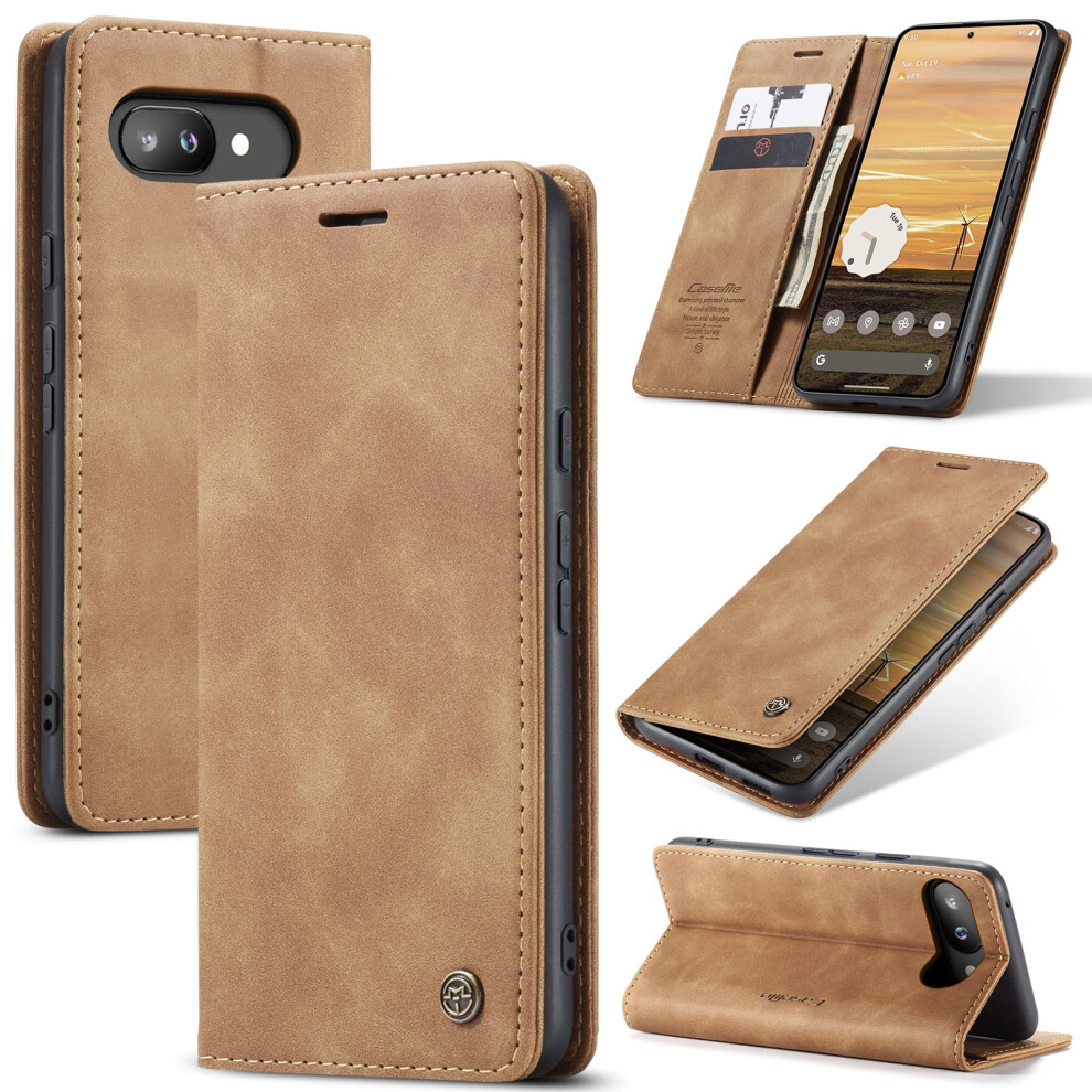 Caseme Leather Flip Wallet Case For Google Pixel 9A – Magnetic Closure, Card Holder, Shockproof, Kickstand, Brown 9193271137344
