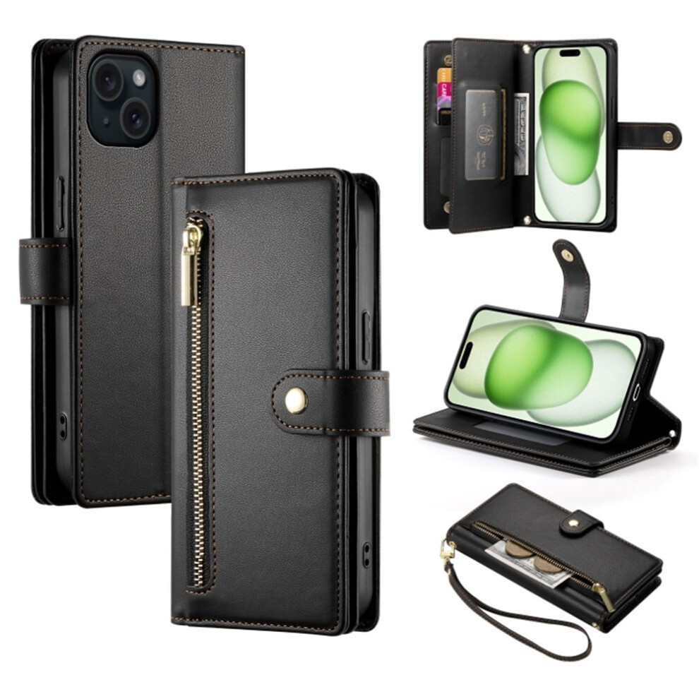 Iphone 15 Plus 6.7" Wallet Case Â Leather, Multi-Card Slots, Zipper Pocket, Lanyard Strap, ; Compatible With Iphone 15 Plus Black 9193271138389