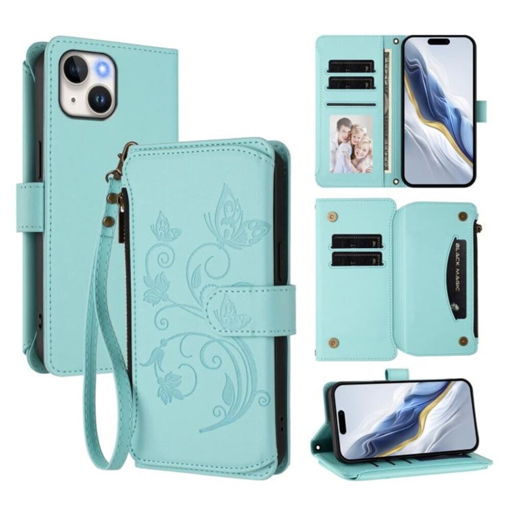 Magnetic Clasp Flip Stand Case For Compatible With Iphone 13 Â Mint Lanyard, 5-Card Holder, Butterfly Flower Design Green 9193271137061