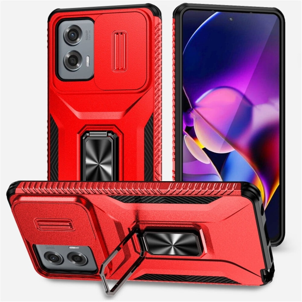 Slim Fit Shockproof Hybrid Case For Motorola Moto G Stylus 2024 (6.7"), With Slide Camera Cover & Rotated Ring Kickstand, Military-Grade Red 9353595691841
