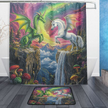 Bathroom Sets Curtain and Rug Sets 23.6x15.7 in Non-Slip Mat and 66x72 in Shower Curtain for Home Bath Dcor Green Dragon and White Unicorn