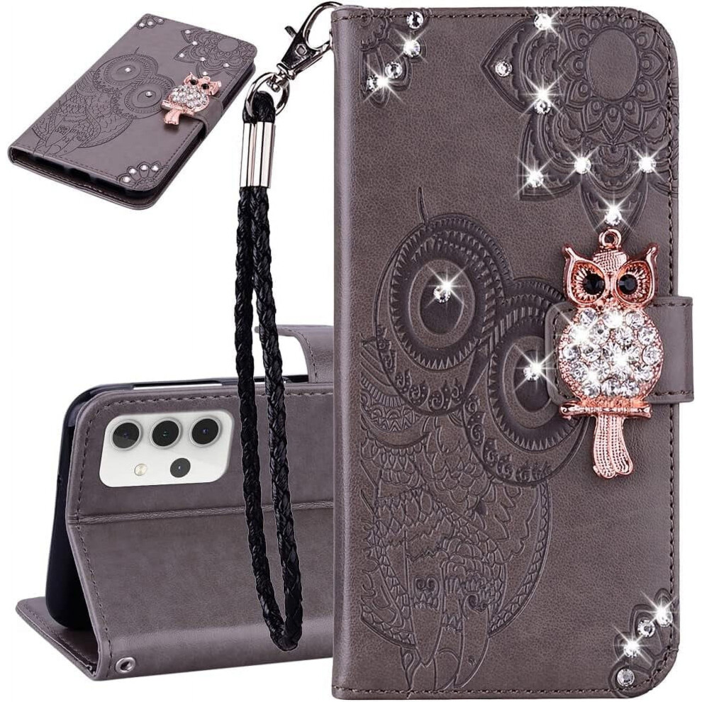 Compatible With Samsung Galaxy A20 Case Â Glitter Crystal Owl Flip Wallet With Wrist Strap, Kickstand & Magnet Â Grey 9353595693159
