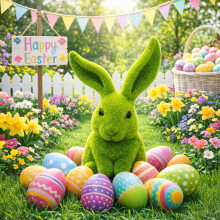 Easter Bunny Resin Figurine Faux Moss Flocking