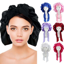 Women Silk Bonnet, Wide Band Satin Sleeping Cap for Long Curly Hair, Adjustable Shower Cap Soft Sleeping Hat Night Cap with Elastic Ribbon