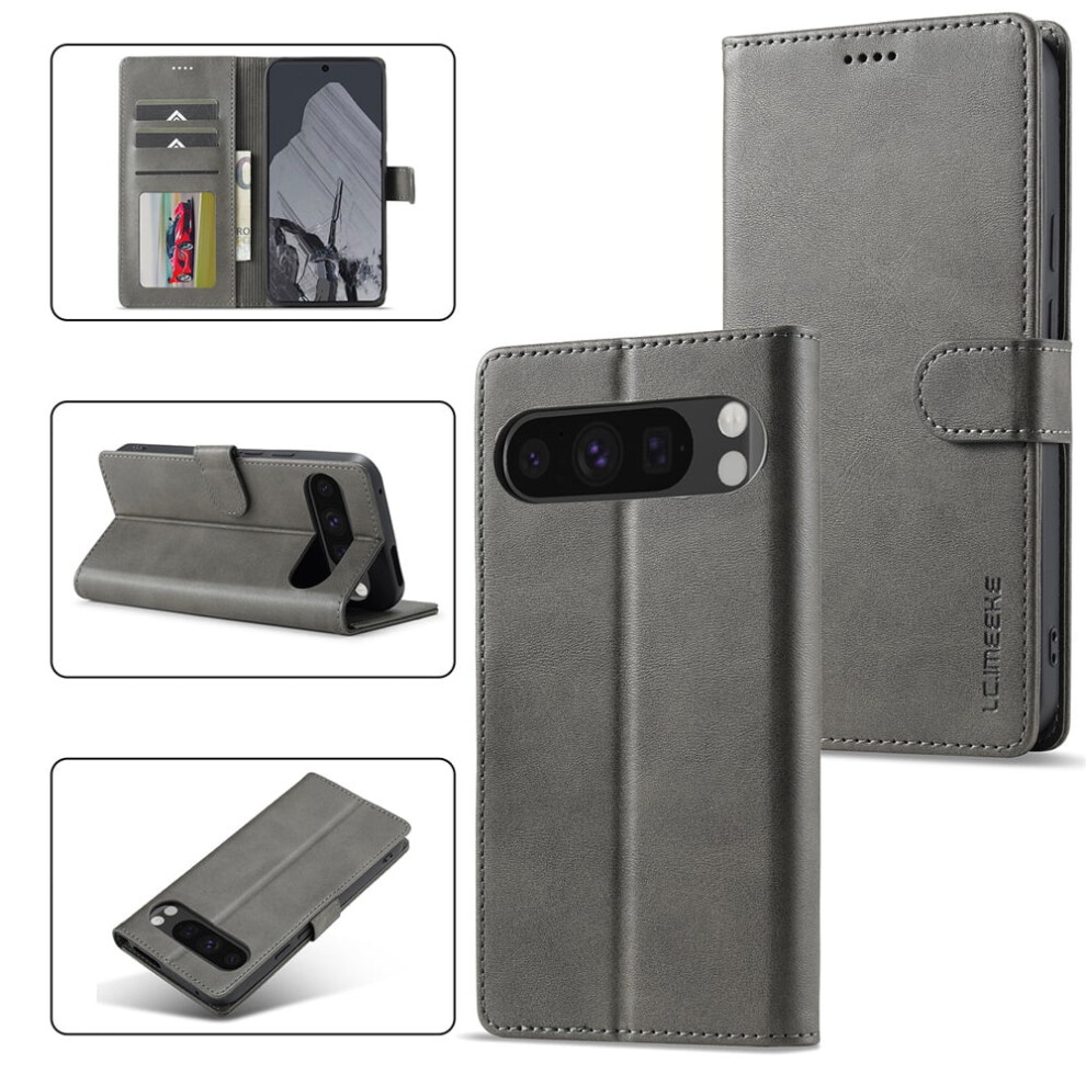 Lc.imeeke Pu Leather Flip Folio Case For Google Pixel 9 Pro – Magnetic Closure, Card Slot, Kickstand, Shockproof, Compatible With Google Pixel Grey 9353595695368