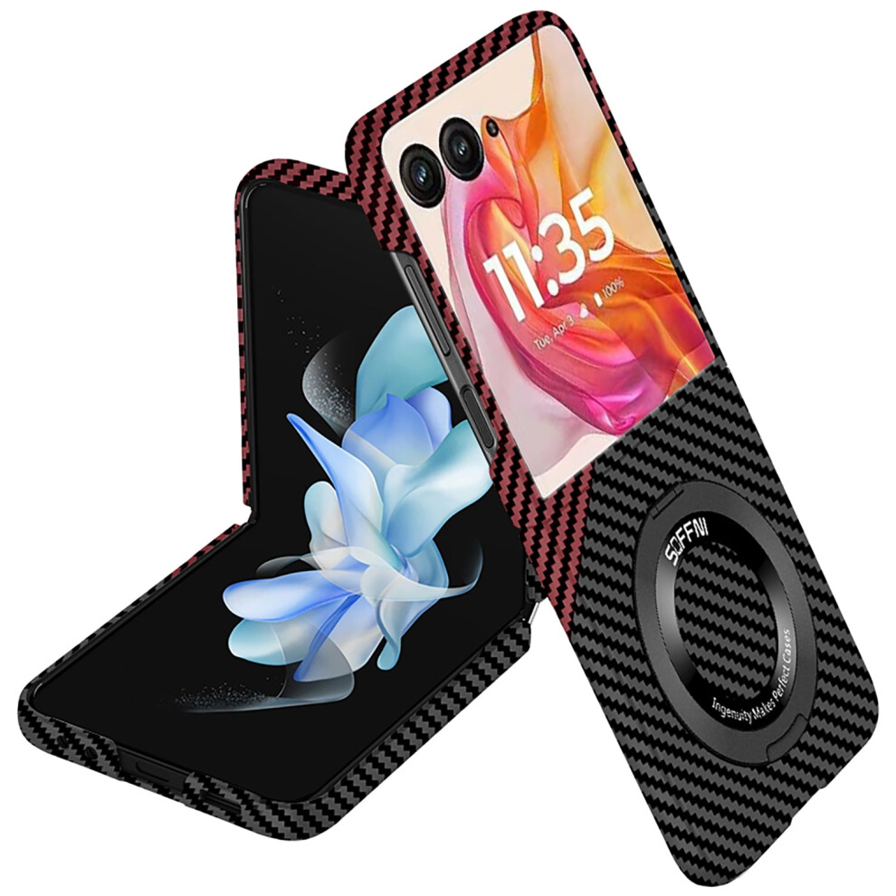 Allytechgroup Shockproof Carbon Fiber Case For Moto Razr 2024, With Ring Holder, Kickstand & Magnetic Back Â Black/Red 9353595695061