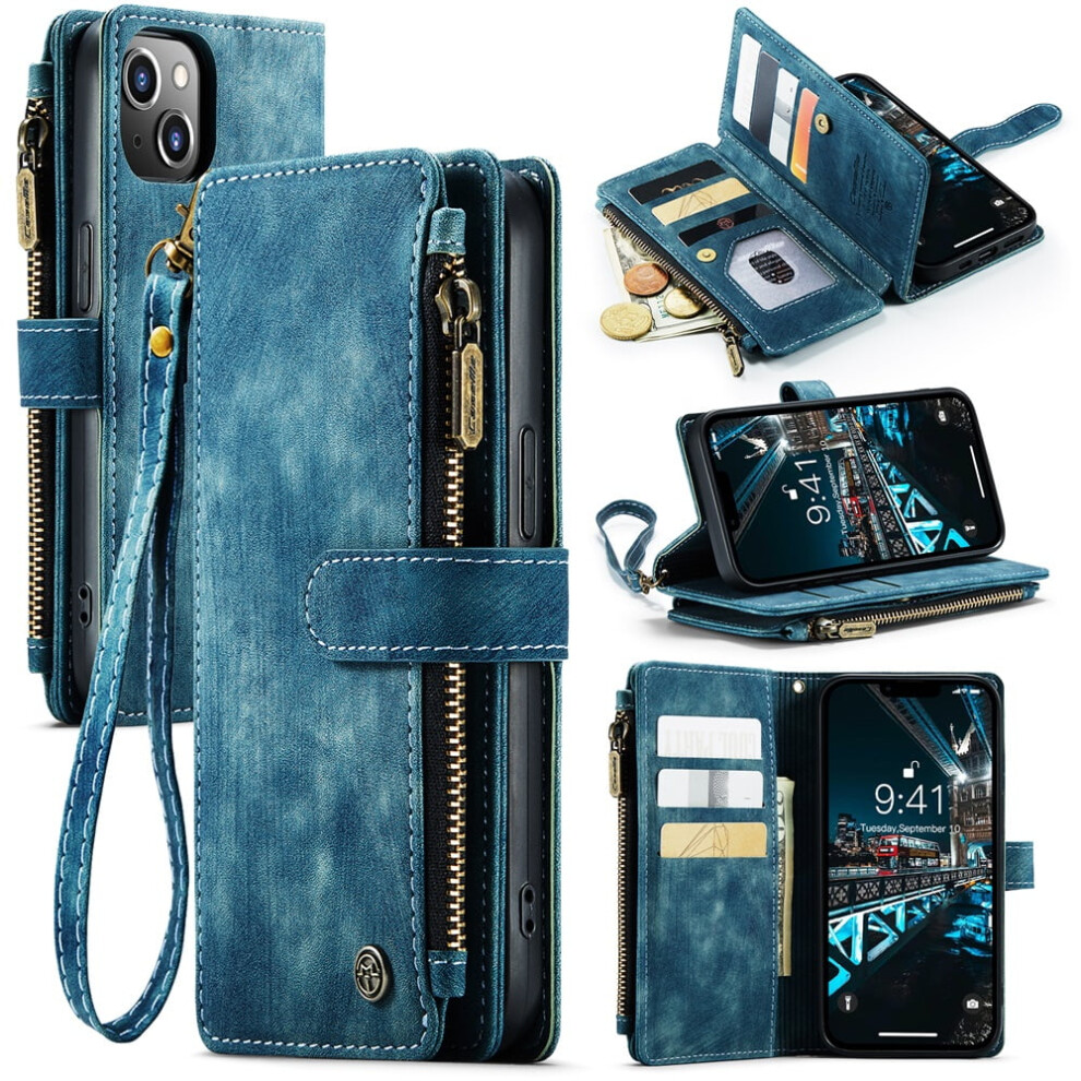 Caseme Wallet Case For Iphone 14 Pro MaxâPu Leather, Magnetic Flip, Lanyard Strap, Zipper Card Holder, Blue 9327961780972